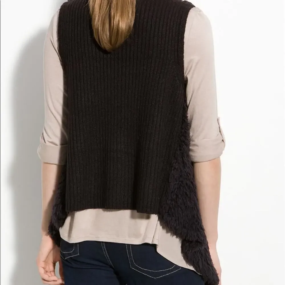 Kensie Boho Black Open Front Vest Sz XS Knit Shag Drape Layered VTG Hippie 70s